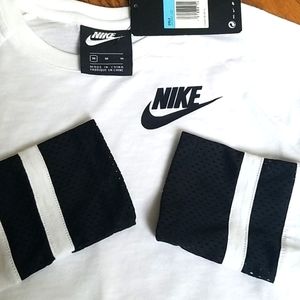 Nike Girls Top Logo Long Sleeve Tee White with Black Mesh Cuffs Size 10 / 12